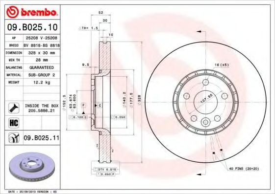 Disc frana VOLVO XC60 (2008 - 2016) BREMBO 09.B025.11 piesa NOUA