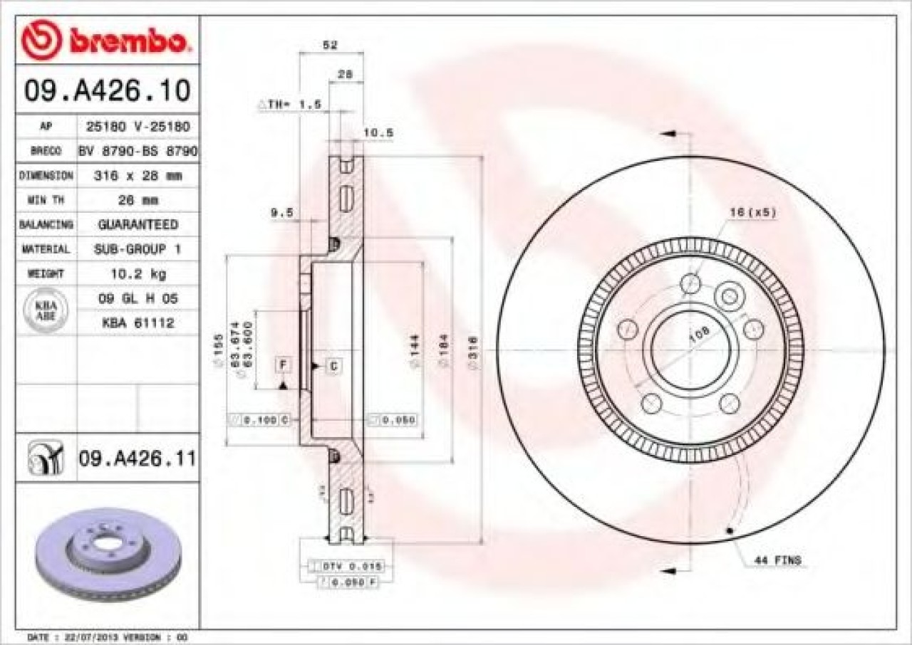 Disc frana VOLVO XC70 II (2007 - 2016) BREMBO 09.A426.11 piesa NOUA