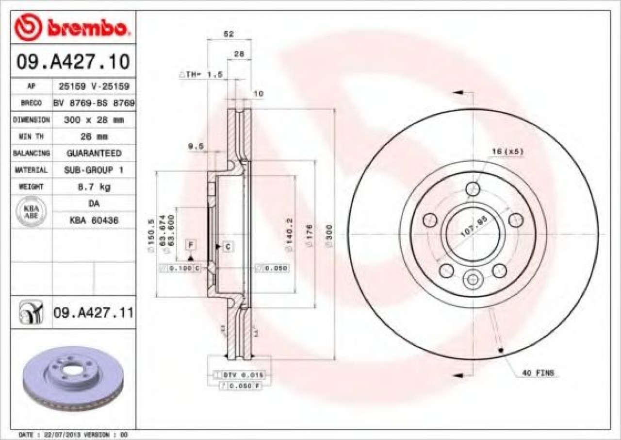 Disc frana VOLVO XC70 II (2007 - 2016) BREMBO 09.A427.11 piesa NOUA
