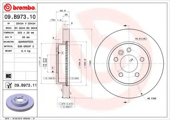 Disc frana VW AMAROK (2H, S1B) (2010 - 2016) BREMBO 09.B973.11 piesa NOUA