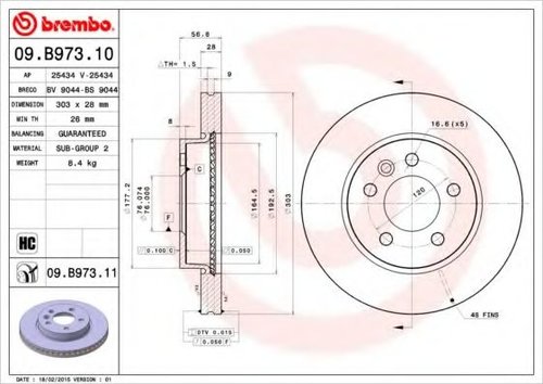 Disc frana VW AMAROK (2H, S1B) (2010 - 2016) BREMBO 09.B973.11 piesa NOUA