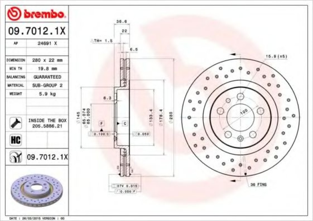 Disc frana VW BORA (1J2) (1998 - 2005) BREMBO 09.7012.1X piesa NOUA