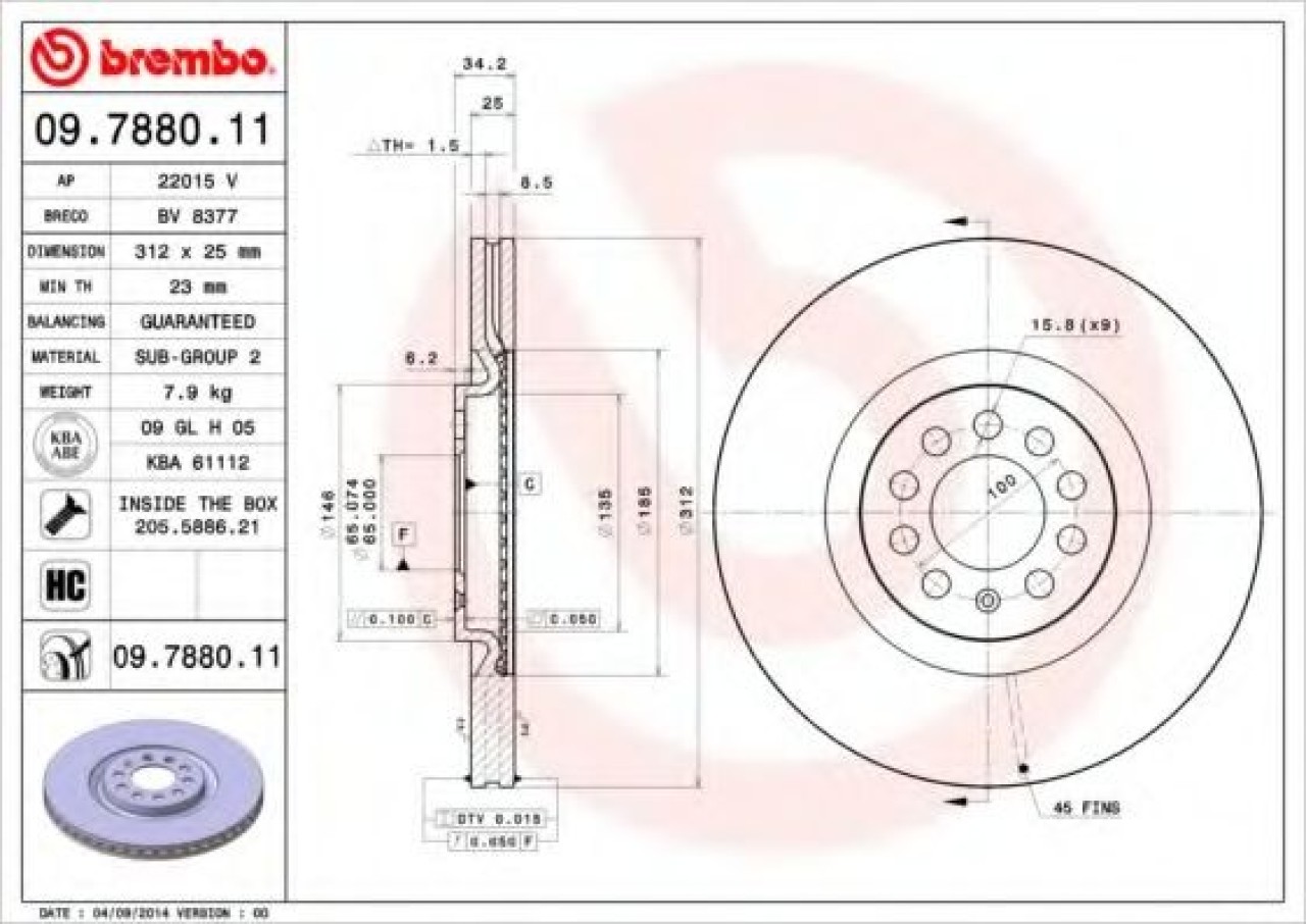 Disc frana VW BORA Combi (1J6) (1999 - 2005) BREMBO 09.7880.1X piesa NOUA