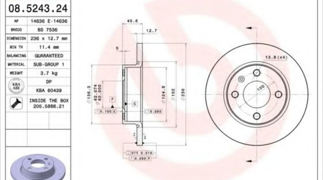 Disc frana VW CADDY II Pick-up (9U7) (1996 - 2000) BREMBO 08.5243.24 piesa NOUA