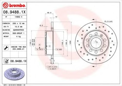 Disc frana VW CADDY III Caroserie (2KA, 2KH, 2CA, 2CH) (2004 - 2016) BREMBO 08.9488.1X piesa NOUA