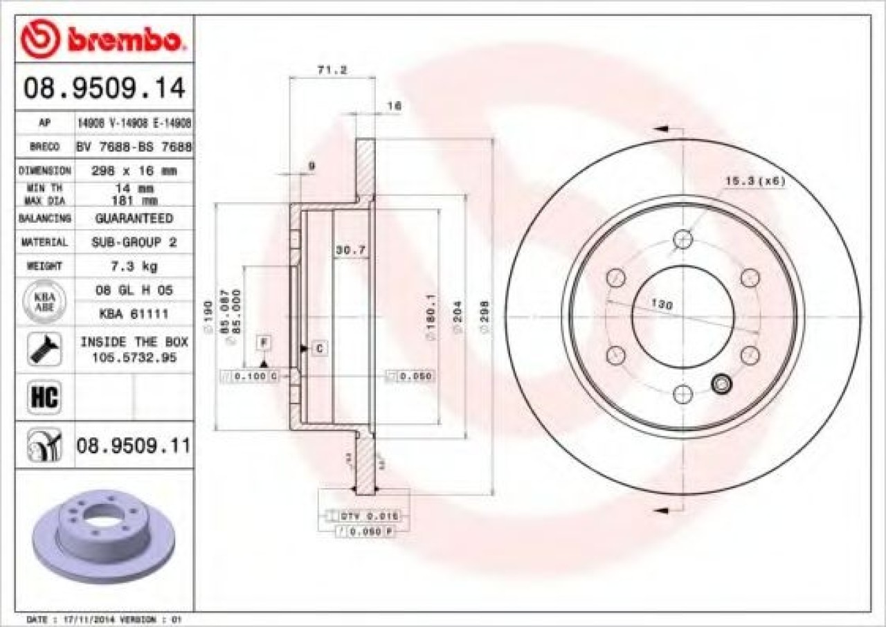 Disc frana VW CRAFTER 30-35 bus (2E) (2006 - 2016) BREMBO 08.9509.11 piesa NOUA