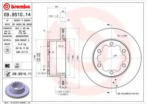 Disc frana VW CRAFTER 30-50 caroserie (2E) (2006 - 2016) BREMBO 09.9510.14 piesa NOUA