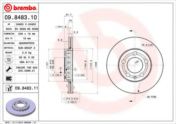 Disc frana VW FOX (5Z1, 5Z3) (2003 - 2016) BREMBO 09.8483.11 piesa NOUA