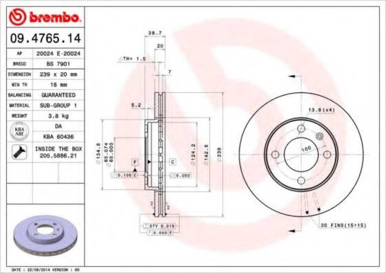 Disc frana VW GOLF III Variant (1H5) (1993 - 1999) BREMBO 09.4765.14 piesa NOUA