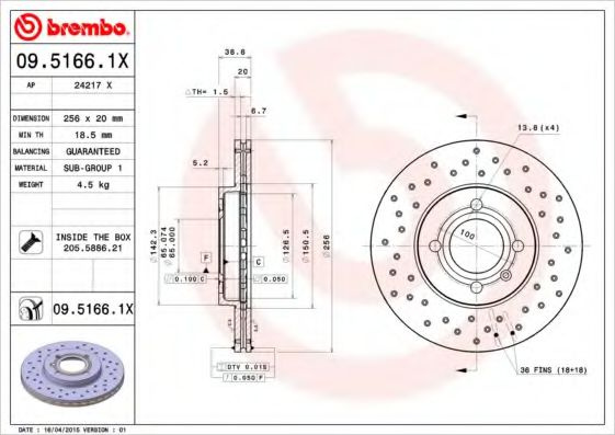 Disc frana VW GOLF IV Cabriolet (1E7) (1998 - 2002) BREMBO 09.5166.1X piesa NOUA