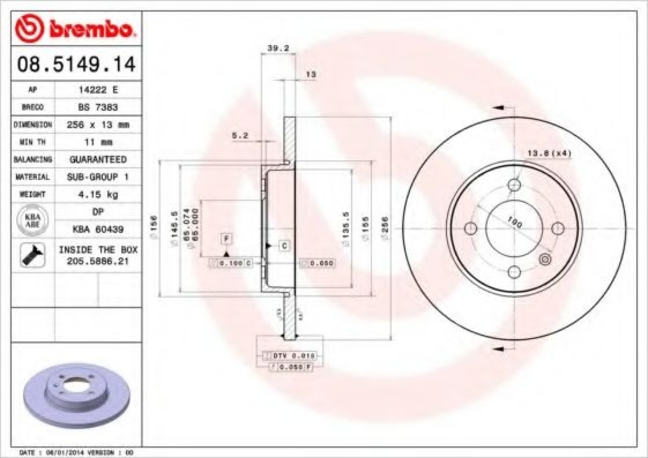 Disc frana VW GOLF IV Cabriolet (1E7) (1998 - 2002) BREMBO 08.5149.14 piesa NOUA