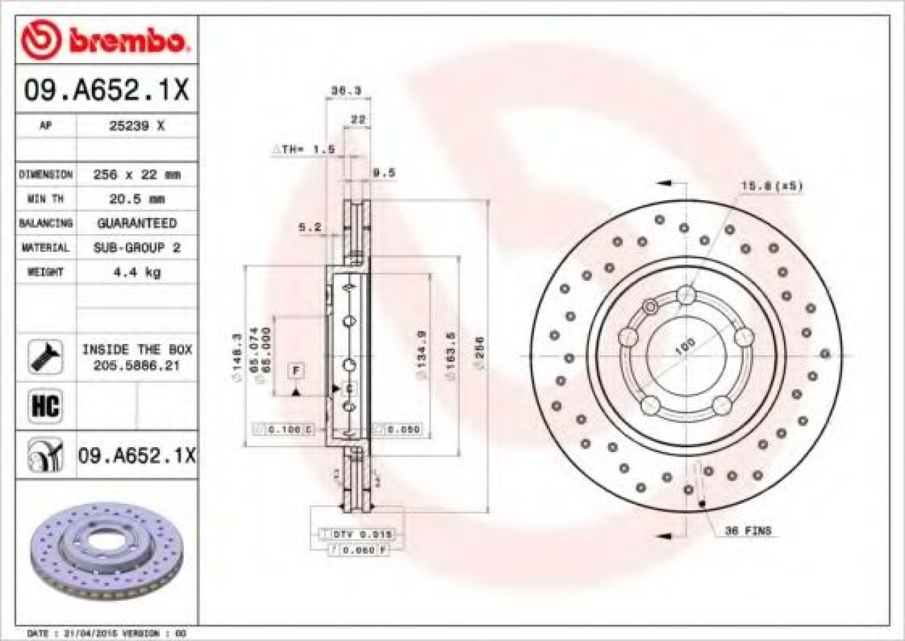 Disc frana VW GOLF IV Variant (1J5) (1999 - 2006) BREMBO 09.A652.1X piesa NOUA