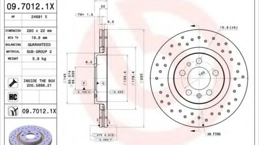 Disc frana VW GOLF IV Variant (1J5) (1999 - 2006) BREMBO 09.7012.1X piesa NOUA