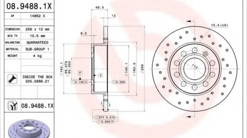 Disc frana VW GOLF V (1K1) (2003 - 2009) BREMBO 08.9488.1X piesa NOUA