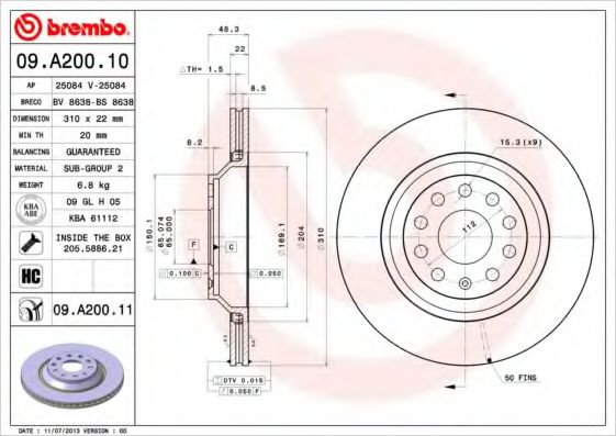 Disc frana VW GOLF V (1K1) (2003 - 2009) BREMBO 09.A200.11 piesa NOUA