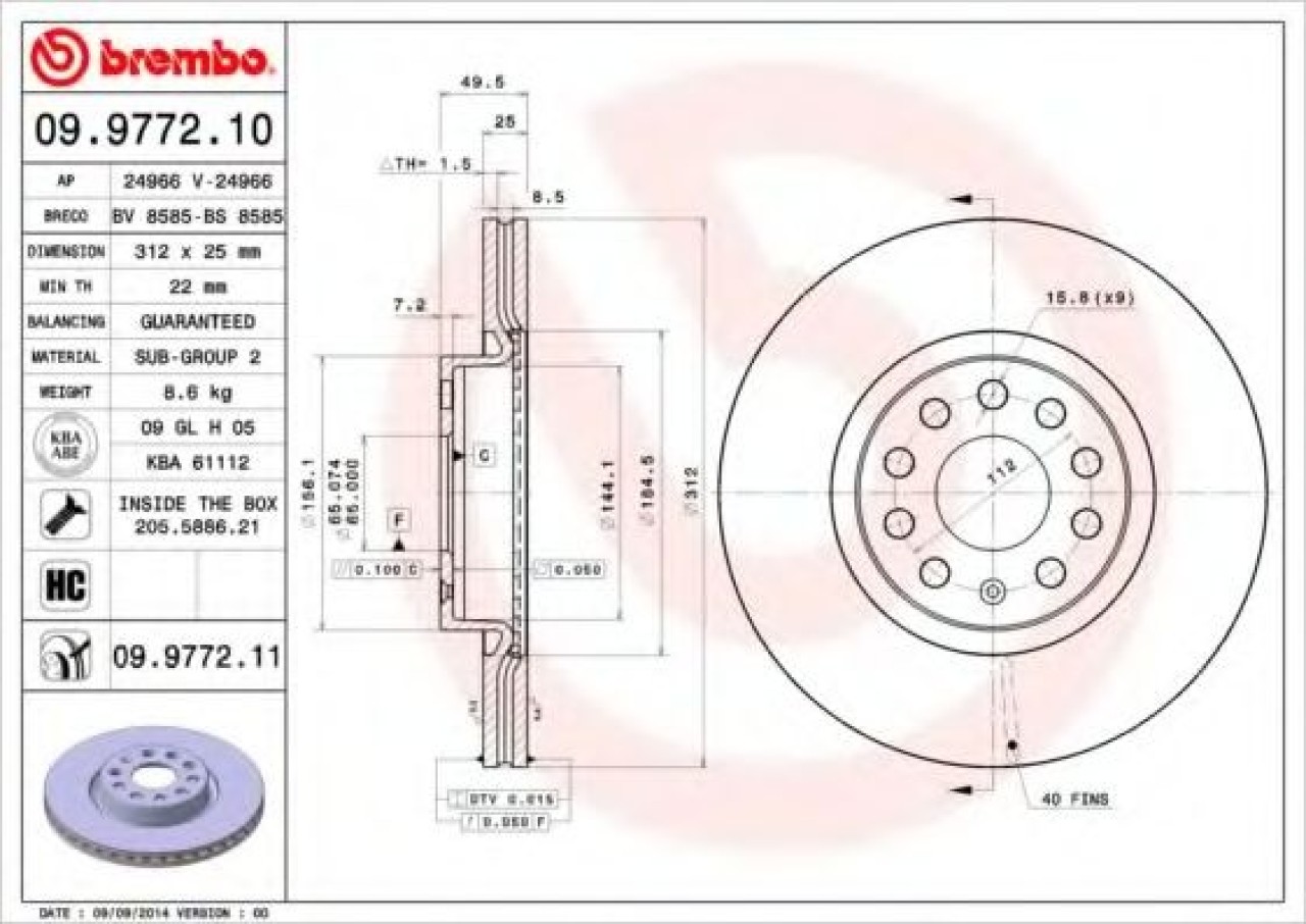 Disc frana VW GOLF V Variant (1K5) (2007 - 2009) BREMBO 09.9772.11 piesa NOUA
