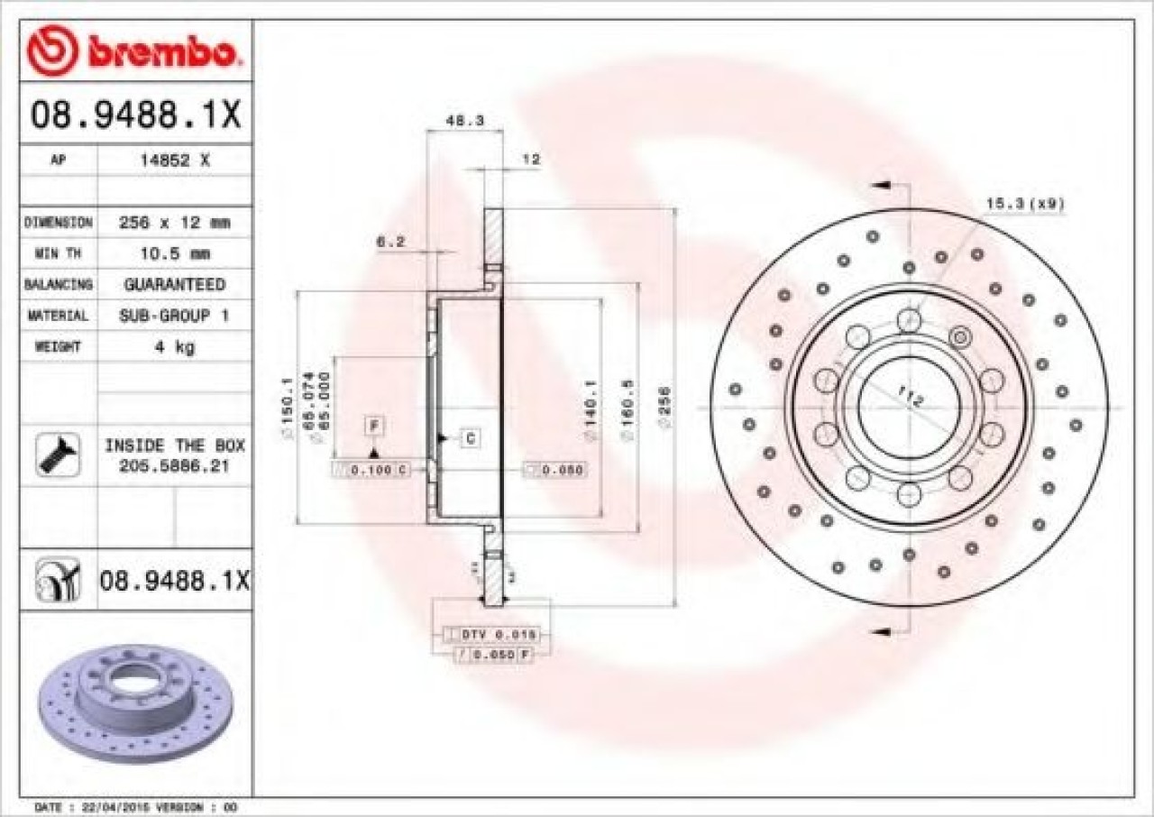 Disc frana VW GOLF V Variant (1K5) (2007 - 2009) BREMBO 08.9488.1X piesa NOUA