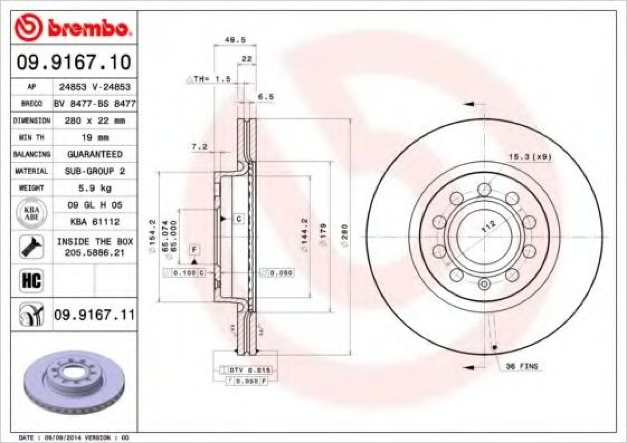 Disc frana VW GOLF V Variant (1K5) (2007 - 2009) BREMBO 09.9167.11 piesa NOUA