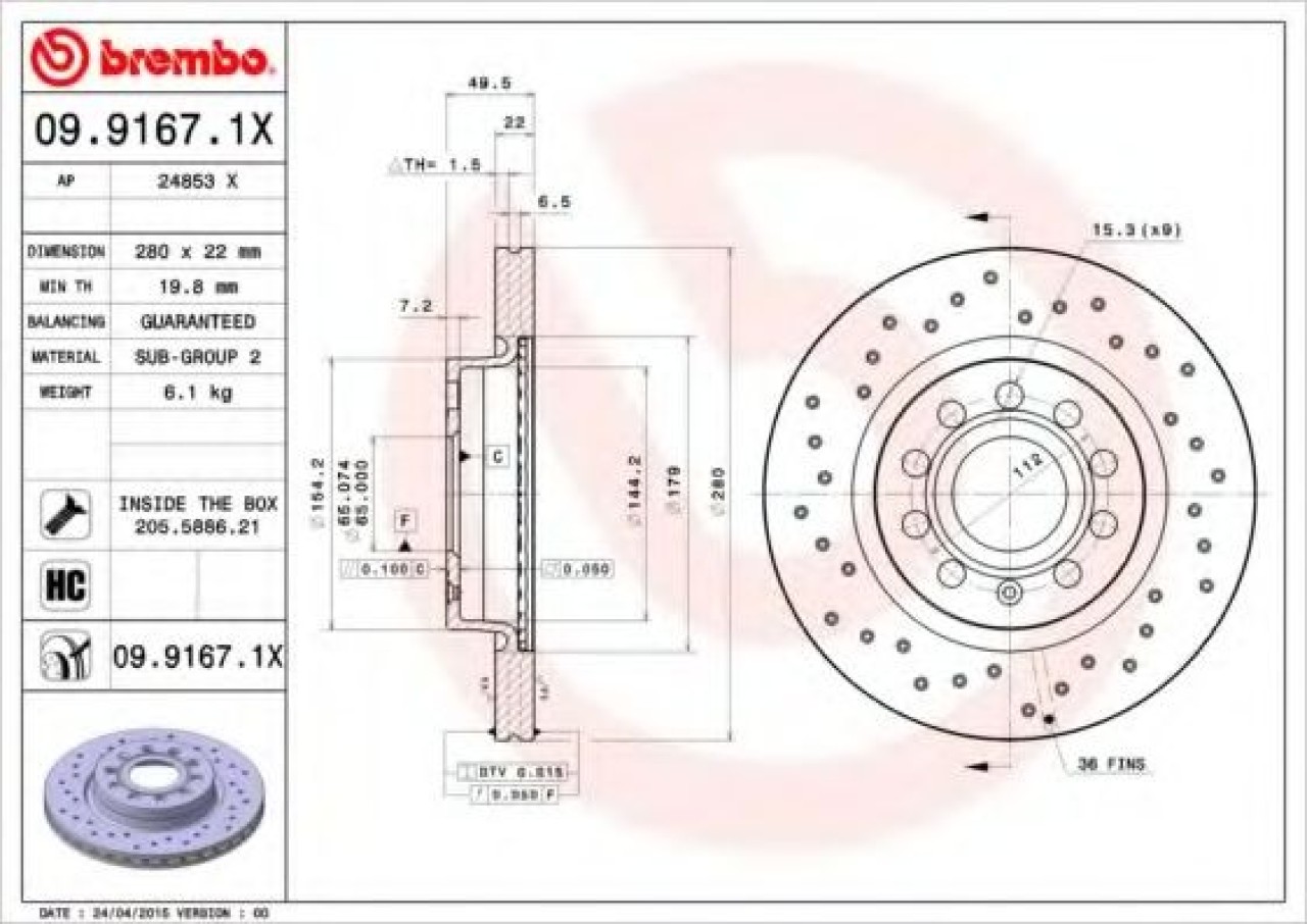 Disc frana VW GOLF V Variant (1K5) (2007 - 2009) BREMBO 09.9167.1X piesa NOUA