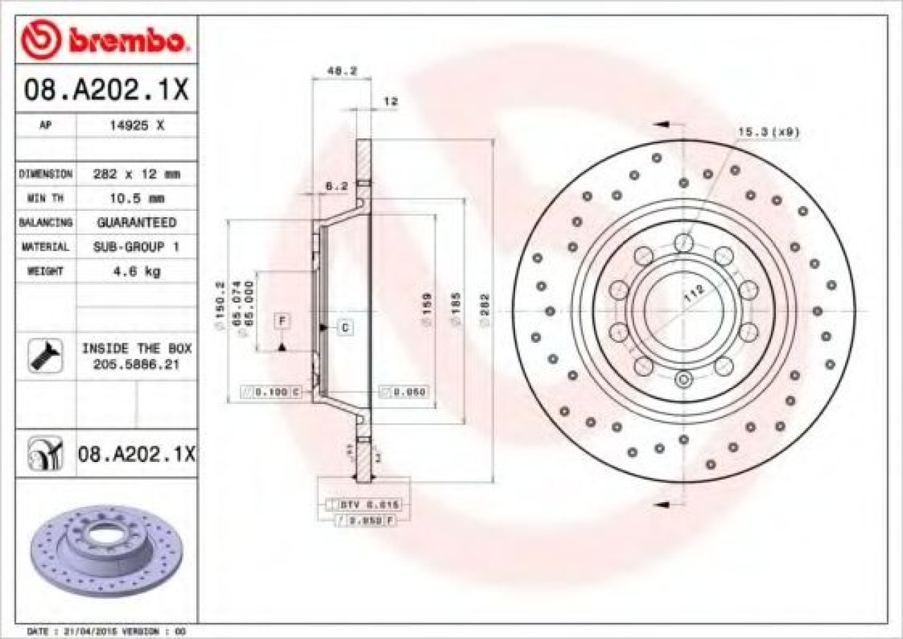 Disc frana VW GOLF V Variant (1K5) (2007 - 2009) BREMBO 08.A202.1X piesa NOUA