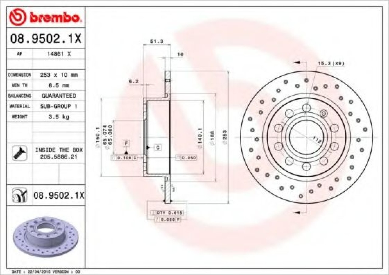 Disc frana VW GOLF V Variant (1K5) (2007 - 2009) BREMBO 08.9502.1X piesa NOUA