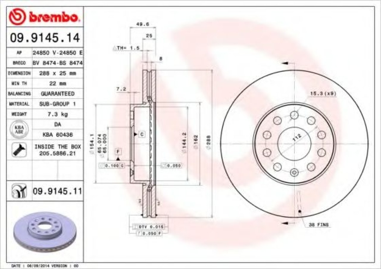 Disc frana VW GOLF V Variant (1K5) (2007 - 2009) BREMBO 09.9145.11 piesa NOUA