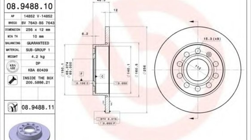 Disc frana VW GOLF VI Variant (AJ5) (2009 - 2013) BREMBO 08.9488.11 produs NOU