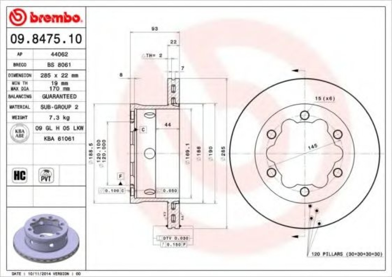 Disc frana VW LT II platou / sasiu (2DC, 2DF, 2DG, 2DL, 2DM) (1996 - 2006) BREMBO 09.8475.10 piesa NOUA