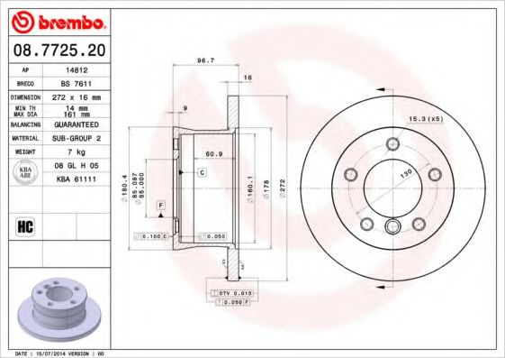 Disc frana VW LT II platou / sasiu (2DC, 2DF, 2DG, 2DL, 2DM) (1996 - 2006) BREMBO 08.7725.20 piesa NOUA