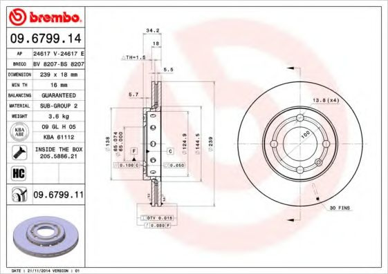 Disc frana VW LUPO (6X1, 6E1) (1998 - 2005) BREMBO 09.6799.11 piesa NOUA