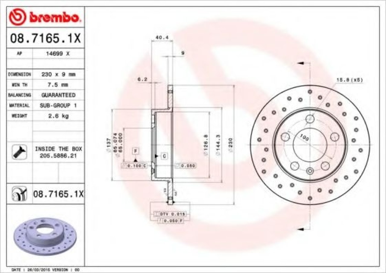Disc frana VW NEW BEETLE (9C1, 1C1) (1998 - 2010) BREMBO 08.7165.1X piesa NOUA