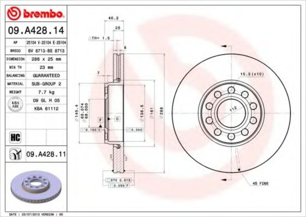 Disc frana VW PASSAT (3B3) (2000 - 2005) BREMBO 09.A428.11 piesa NOUA