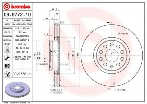 Disc frana VW PASSAT (3G2) (2014 - 2016) BREMBO 09.9772.11 piesa NOUA