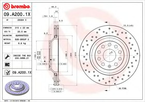Disc frana VW PASSAT Variant (3C5) (2005 - 2011) BREMBO 09.A200.1X piesa NOUA