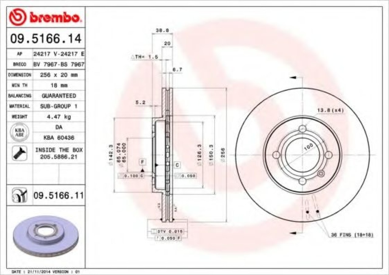 Disc frana VW POLO (6N2) (1999 - 2001) BREMBO 09.5166.11 piesa NOUA