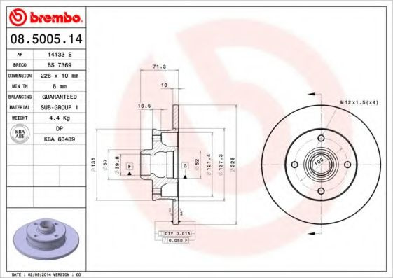 Disc frana VW POLO CLASSIC (6KV2) (1995 - 2006) BREMBO 08.5005.14 piesa NOUA