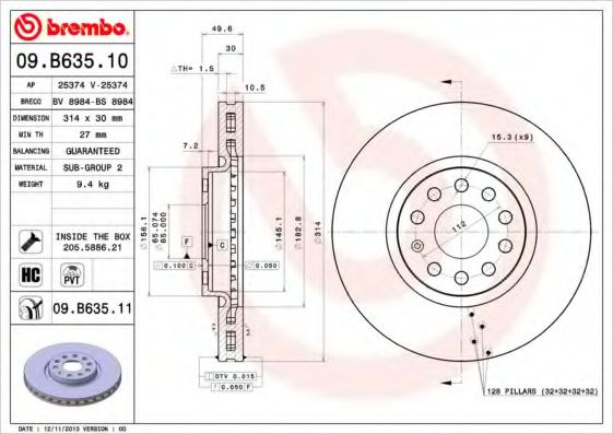 Disc frana VW SHARAN (7N1, 7N2) (2010 - 2016) BREMBO 09.B635.11 piesa NOUA