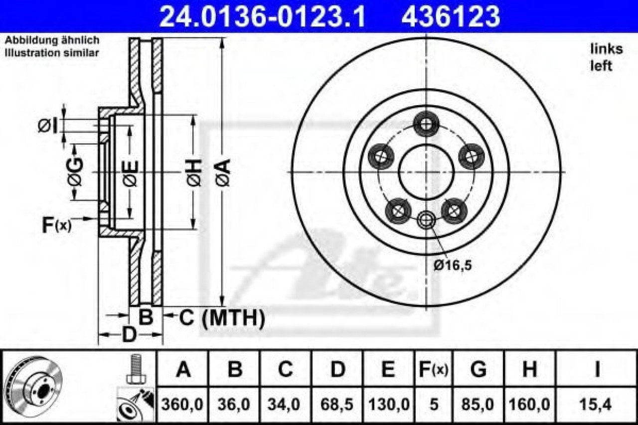 Disc frana VW TOUAREG (7P5) (2010 - 2016) ATE 24.0136-0123.1 piesa NOUA