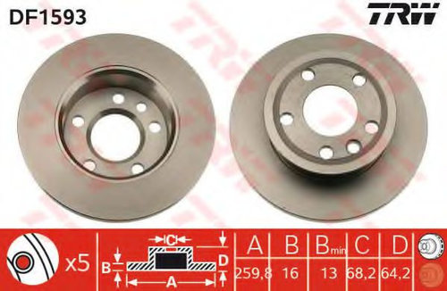 Disc frana VW TRANSPORTER IV bus (70XB, 70XC, 7DB, 7DW, 7DK) (1990 - 2003) TRW DF1593 piesa NOUA