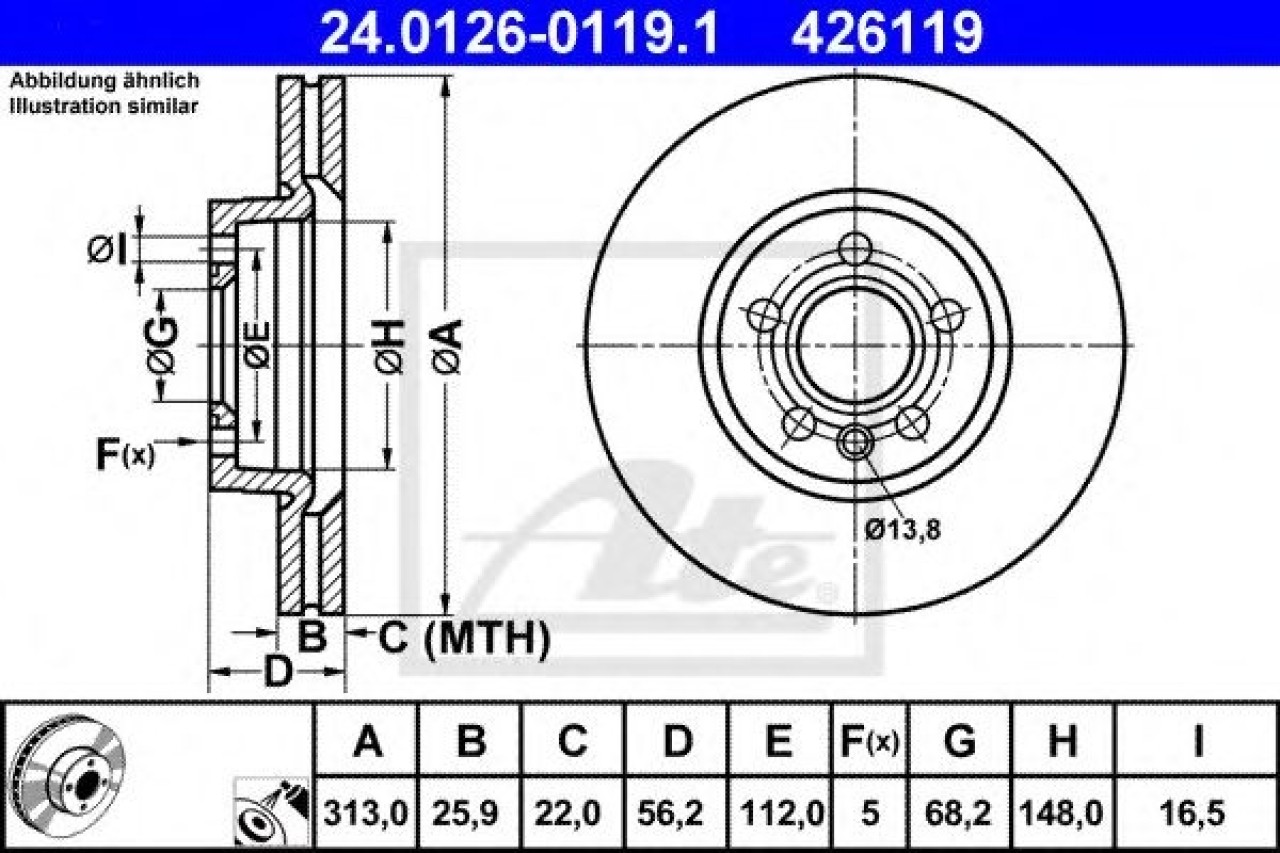 Disc frana VW TRANSPORTER IV bus (70XB, 70XC, 7DB, 7DW, 7DK) (1990 - 2003) ATE 24.0126-0119.1 piesa NOUA