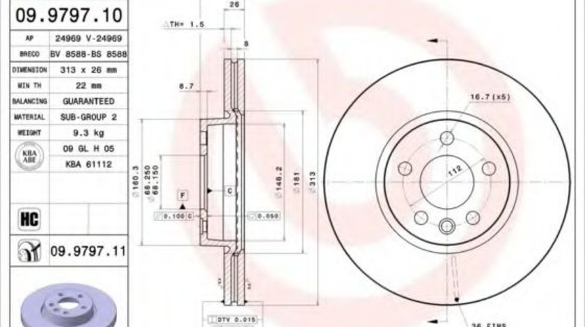 Disc frana VW TRANSPORTER IV platou / sasiu (70XD) (1990 - 2003) BREMBO 09.9797.11 piesa NOUA