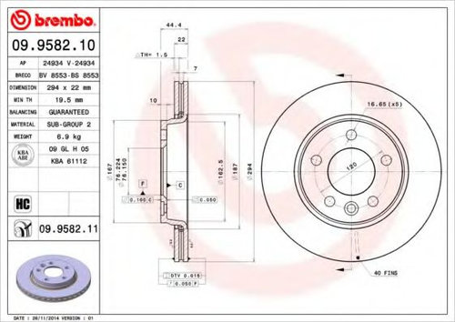 Disc frana VW TRANSPORTER V caroserie (7HA, 7HH, 7EA, 7EH) (2003 - 2016) BREMBO 09.9582.10 piesa NOU...