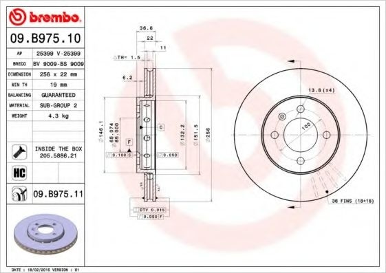 Disc frana VW UP (2011 - 2016) BREMBO 09.B975.11 piesa NOUA