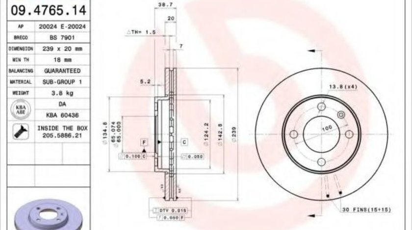 Disc frana VW VENTO (1H2) (1991 - 1998) BREMBO 09.4765.14 piesa NOUA