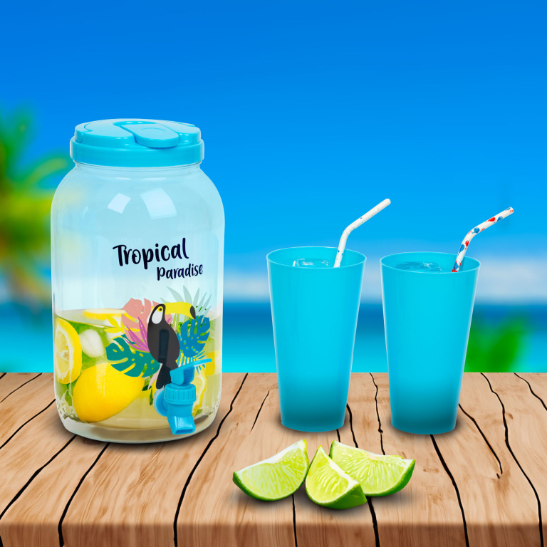 Dozator de băuturi cu robinet, set pahare plastic - 3,8 l - tropical 57243H