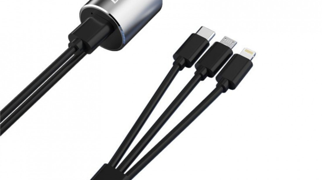 Dudao 3in1 USB Incarcator Auto 3,4 A Cablu Incorporat Lightning / USB Tip C / Micro USB Negru (R5ProN Negru) R5PRON BLACK