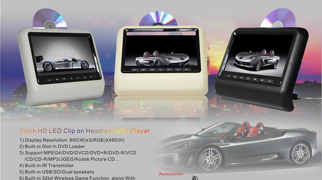 DVD PLAYER AUTO DE TETIERA NEGRU EDOTEC EDT 911 LCD 9'' USB / SD PLAYER REZOLUTIE HD JOCURI JOYSTICK