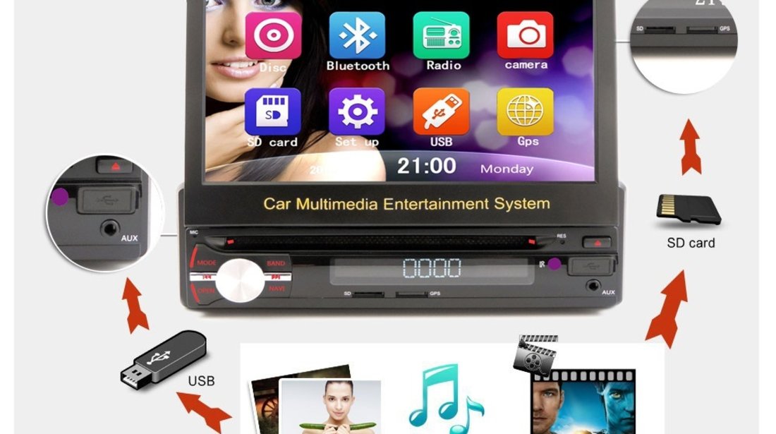 DVD PLAYER AUTO UNIVERSAL ECRAN RETRACTABIL 7'' LOGO SELECTABIL CARKIT USB SD MODEL BEKO ZS-8801