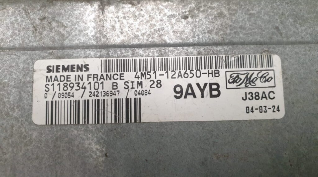 ECU Calculator Motor Ford Focus C-MAX 1.6, 4M51-12A650-HB, S118934101B, SIM28