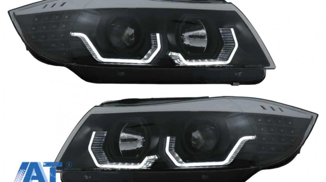 Faruri 3D LED Angel Eyes compatibil cu BMW Seria 3 Limousine E90 Touring E91 (03.2005-08.2008) LHD Negru